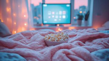 Soft blankets and popcorn create a cozy atmosphere beside a glowing television during dusk photo