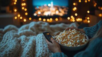 A person relaxes on a couch with a bowl of popcorn, preparing for a night of entertainment in ambient light photo