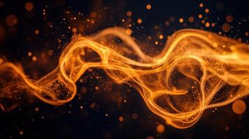 Bright orange flames twist and dance with sparks, creating an energetic atmosphere in the dark photo