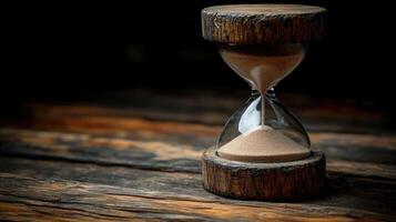 An hourglass rests on a textured wood surface, emphasizing the beauty of time flowing steadily photo