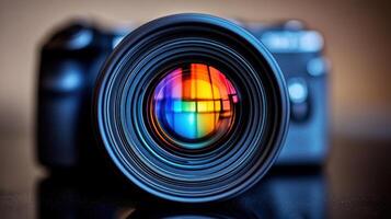 Close up of a camera lens showcasing vivid colors in its reflection against a soft background photo