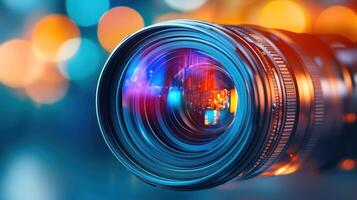 Camera lens captures colorful reflections in a studio with bright lighting during evening hours photo