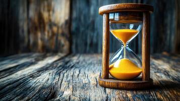 An hourglass rests on a textured wooden table, symbolizing the flow of time with yellow sand photo