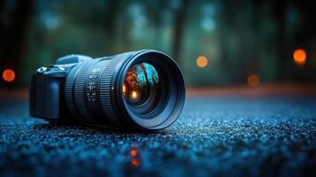 A camera lies on the damp ground at twilight, surrounded by soft blurred lights in the background photo