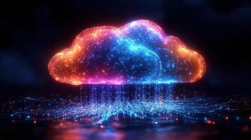 Colorful cloud structure emits bright streams of data in a dark, animated digital environment photo