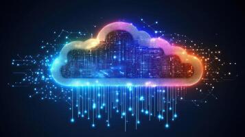 A bright cloud symbol surrounded by dynamic data connections and vibrant colors creates a tech atmosphere photo