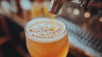 A bartender expertly pours a golden beer into a glass, creating a frothy head, amidst a lively atmosphere photo