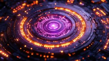 Glowing circuitry with vibrant purple and orange lights illustrates advanced technology design photo