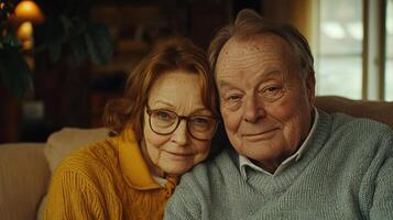 An elderly couple sits close on a sofa, smiling gently at each other in a warm and inviting living room photo