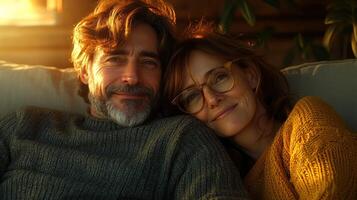A man and woman share a joyful moment while cuddling on the couch, illuminated by golden sunlight photo