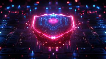Colorful shield symbol surrounded by vibrant lights and high tech patterns in a digital space photo