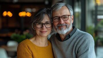 A happy couple smiles together in a warm, inviting environment filled with soft lighting and greenery photo