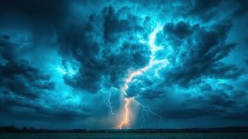 Lightning flashes through dark clouds as a storm brews over an open field during the evening photo