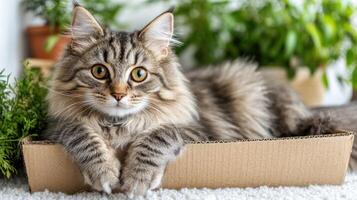 A fluffy tabby cat enjoys resting in a cardboard box with vibrant indoor plants around it photo