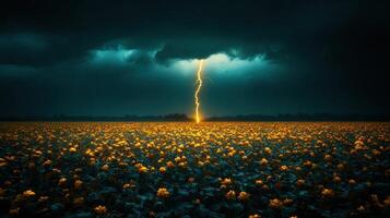 Lightning illuminates a colorful flower field as dark storm clouds gather above, creating a striking contrast photo
