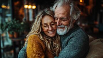 Couple enjoys a heartfelt moment together, embracing warmly in a charming cafe atmosphere photo