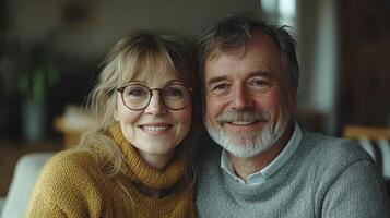 Couple smiles warmly while embracing in a comfortable living space with cozy decor elements photo