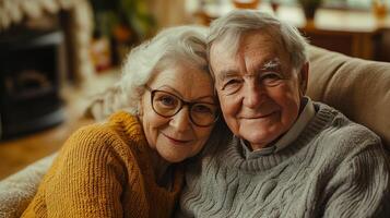 Elderly couple smiles while embracing on a comfortable couch in their inviting living room photo