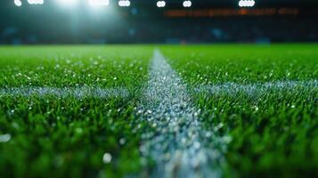 Bright stadium lights shine down on a well maintained grass field marking the excitement of a night game photo
