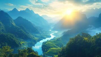 Morning light breaks over lush mountains and a tranquil river, creating a peaceful atmosphere in nature photo