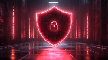 A glowing red shield with a lock symbolizes digital security in a high tech corridor photo