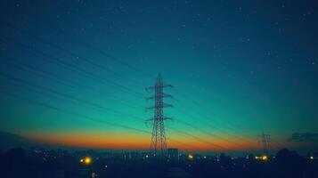 A stunning blend of colors fills the sky while power lines stretch against a twinkling twilight backdrop photo