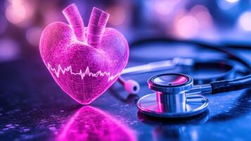 Digital representation of a glowing heart with heartbeat line and stethoscope emphasizing health monitoring photo