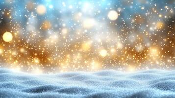 Snowflakes gently fall on a smooth surface, illuminated by warm golden lights in a serene winter setting photo