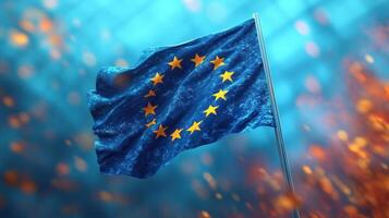 Flag of the European Union flutters against a vibrant backdrop filled with colorful sparks and light photo