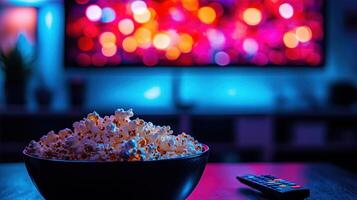 Enjoying a relaxing evening with popcorn and colorful lights while watching a favorite film photo