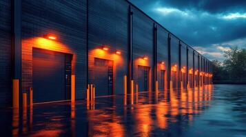 Raindrops glisten on the pavement as warm lights glow from warehouse doors at twilight photo