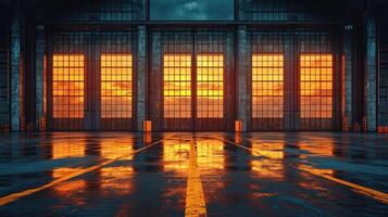 Sunset casts an orange glow through large windows, creating reflections on the wet floor of the building photo