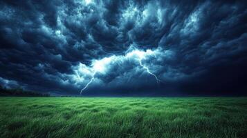 A powerful storm brews as dark clouds and lightning illuminate a vibrant green field at dusk photo