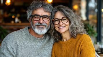 A happy couple smiles together in a welcoming cafe filled with warm colors and cozy decor photo