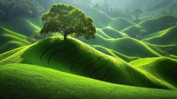 Rolling green hills showcase a lone tree bathed in soft morning light, creating a peaceful atmosphere photo