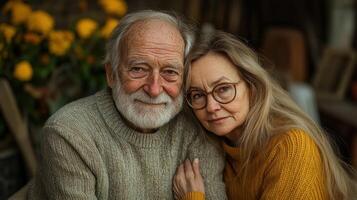 Older man and woman share affection while seated beside blooming flowers in soft sunlight photo