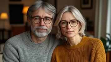 Two people sit close together, smiling warmly, dressed in comfortable sweaters in a cozy indoor setting photo