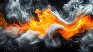 Vibrant flames intertwine with wisps of smoke against a dark backdrop, creating a mesmerizing effect photo