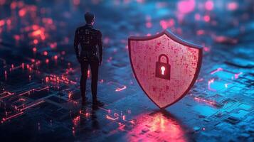 A figure stands thoughtfully in front of a glowing shield symbolizing digital protection amidst technology photo