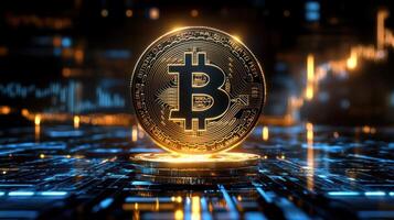 A glowing bitcoin symbol stands prominently with digital patterns and financial graphics in the backdrop photo