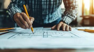 A person sketches architectural plans with a pencil in a bright workspace as sunlight streams in photo