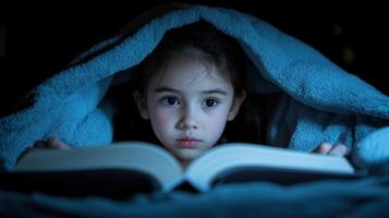A child sits under a blue blanket, intently reading a book in a dimly lit room at night photo