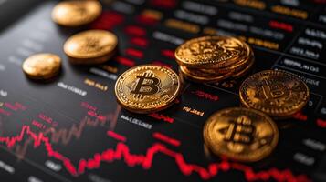 Bitcoin coins are placed alongside fluctuating market data on a digital display showing recent trends photo