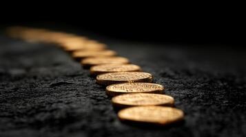 Coins placed in a linear pattern on a dark background create a striking visual contrast photo