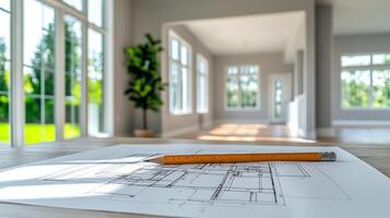 A blueprint lays on a table with a pencil, while light fills a modern, open interior space photo