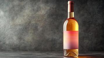 A beautifully crafted bottle of rose wine with a soft gradient label stands on a textured surface photo