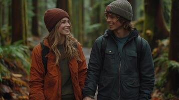 Two people share smiles while walking hand in hand through a vibrant forest filled with greenery photo
