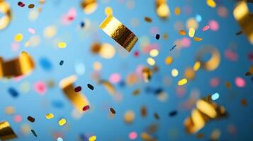 Bright confetti in various colors cascades through the air, creating a festive and cheerful atmosphere photo