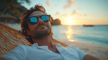 Man lounges in hammock on beach, enjoying a sunset by the ocean, wearing stylish sunglasses photo
