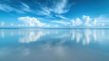 Calm waters reflect fluffy clouds under a bright blue sky, creating a serene coastal atmosphere photo